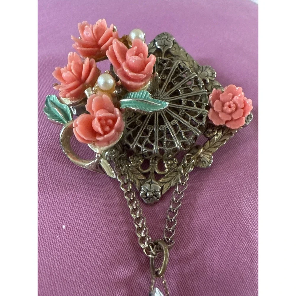 Vintage Art Nouveau Carved Coral or Celluloid Rose Pendant‎ & Brooch